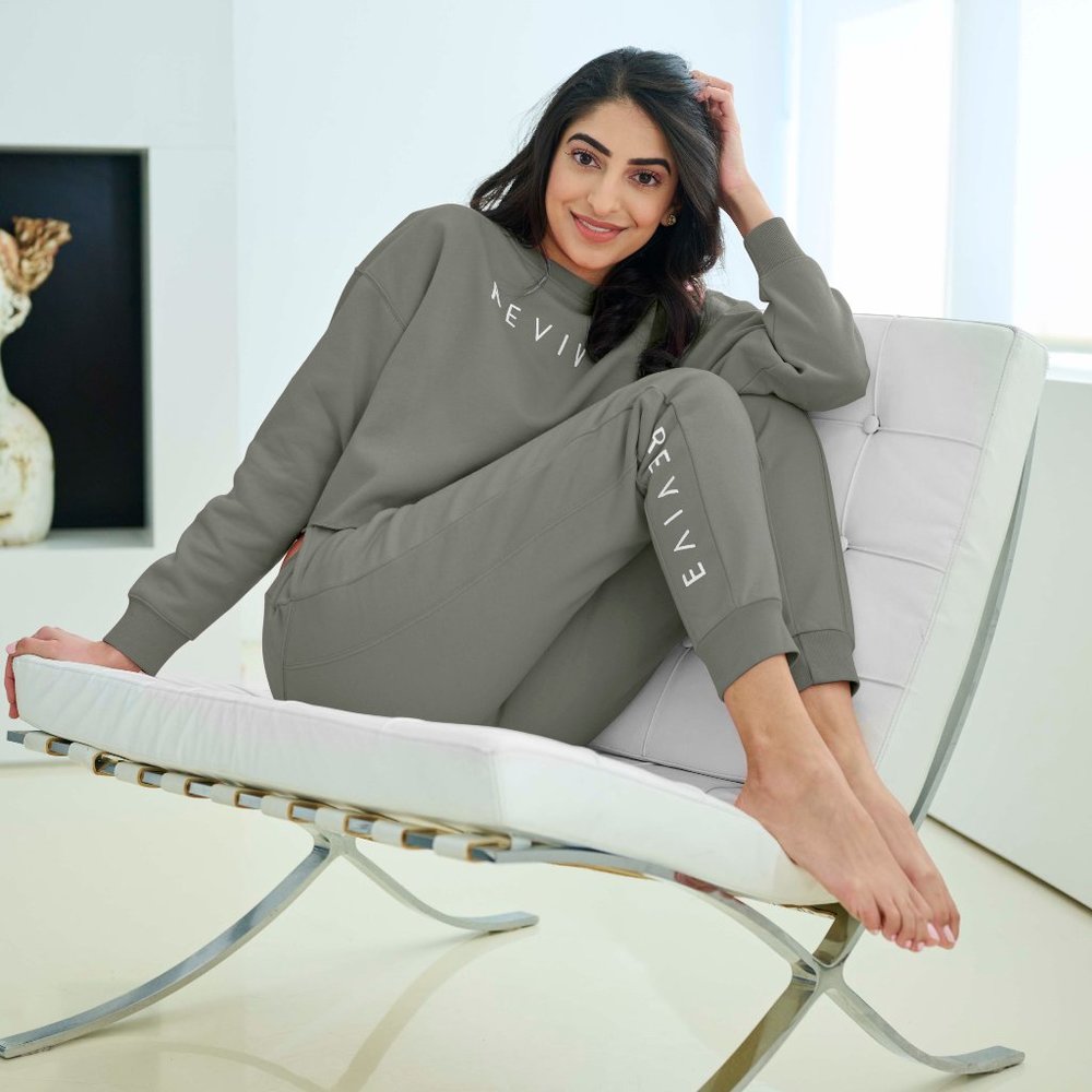 Two Piece Lounge Set. Cropped Sweatshirt and Jogger - Khaki